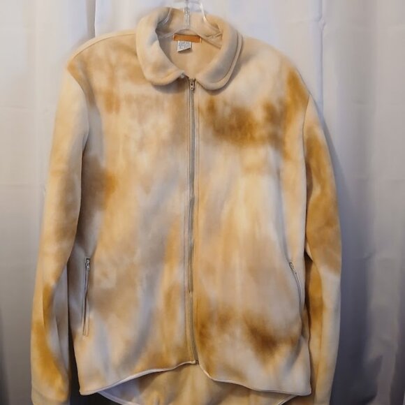 Nwt Fleece Full Zip up Sweatshirt women M Tan Tie Dye Collared w/ Zip Pockets - Picture 1 of 10